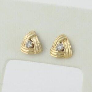 14k Yellow Gold Diamond Triangle Design Earrings Stud Post
